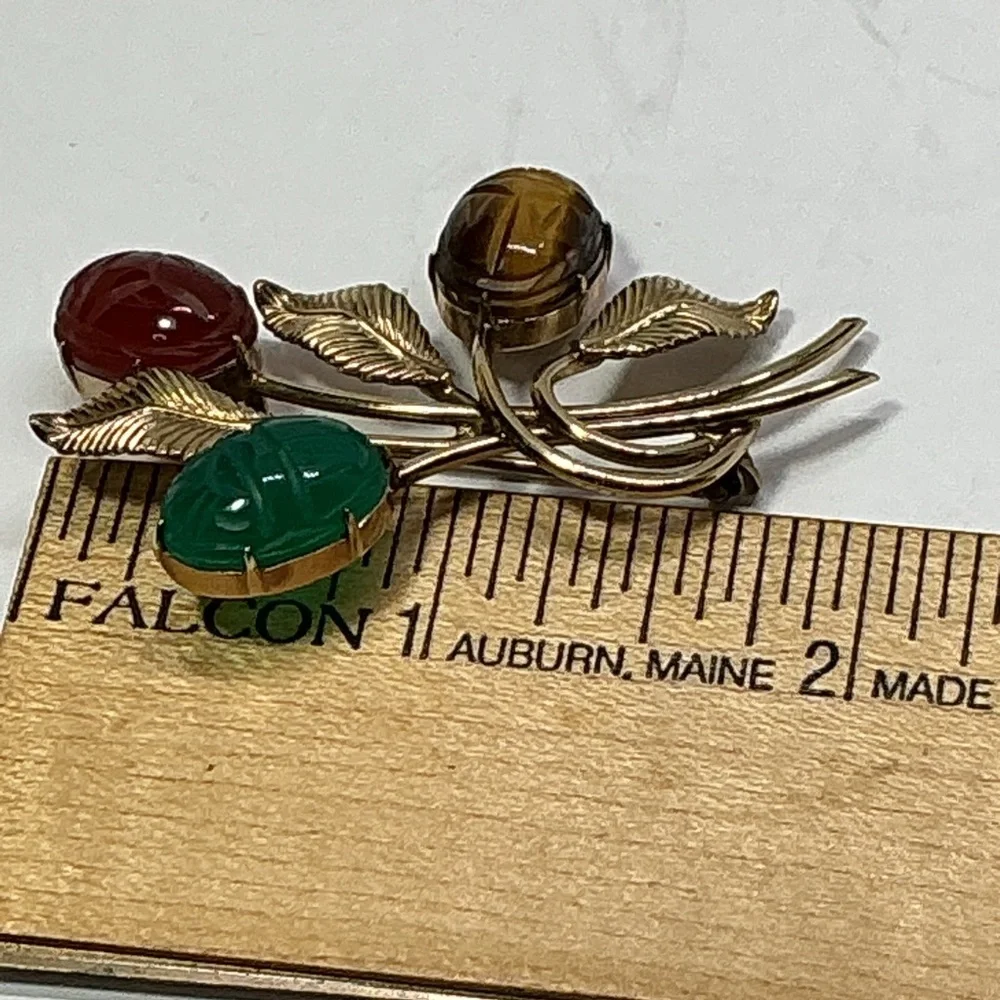 Vintage Scarab Brooch Earrings Set 12K GF Etched Gemstones Mid Century Signed